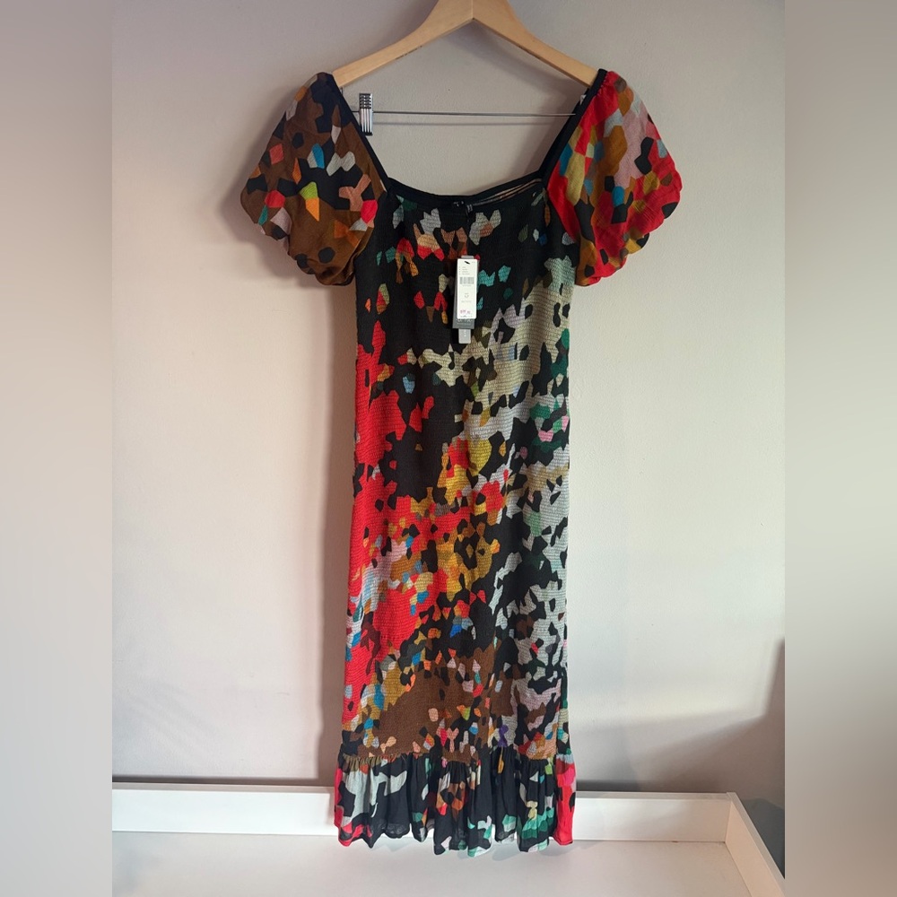 Blank London Anthropologie Multicolor Abstract Smocked Midi Dress Petite Small